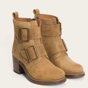Frye Tan Suede Double-Buckle Heeled Ankle Boots